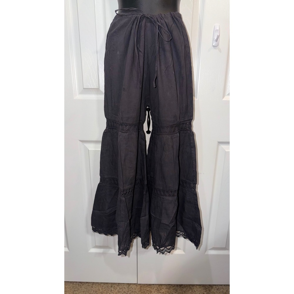 Advance Apparels Black Tiered Wide Leg Crochet Lace Boho Pants Free Size NWT